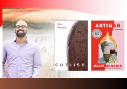 A photograph of Rajiv Mohabir juxtaposed with the covers of two of his books, Cultish and Antiman