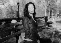 A black and white photograph of author Julie Otsuka