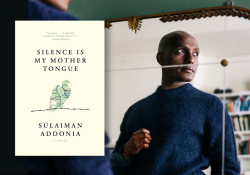 A photograph of Sulaiman Addonia juxtaposed with the cover to his book Silence Is My Mother Tongue