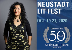 A photograph of Tanaya Winder juxtaposed with the Neustadt Lit Fest 50th Anniversary Logo