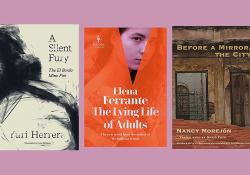 The covers to three of the 75 Notable Translations of 2020 juxtaposed against a boysenberry colored background 