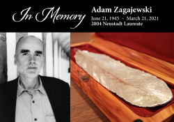 A photograph of Adam Zagajewski juxtaposed with an image of a pewter feather in a wooden box. The text above reads: In Memory, Adam Zagajewski, 2004 Neustadt Laureate