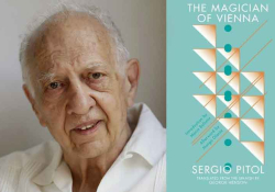 A photo of Sergio Pitol juxtaposed with the cover to his book The Magician of Vienna