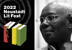 A photograph of Boubacar Boris Diop juxtaposed with festival branding. Text reads: 2022 Neustadt Festival