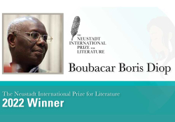 A photograph of Boubacar Boris Diop accompanied by text announcing him as the 2022 Neustadt Laureate