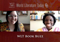 A screenshot from the seventh episode of Book Buzz showing the hosts in split screen. Text reads: World Literature Today. WLT Book Buzz
