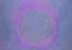 An abstract painting of a circular figure on an aqueous field