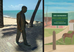 A statue of Graciliano Ramos at Ponta Verde beach, Maceió, Brazil juxtaposed with the cover to his book São Bernado