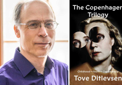 A photograph of translator Michael Favala Goldman juxtaposed with the cover to Tove Ditlevsen's Copenhagen Trilogy