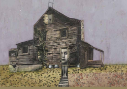 An illustration of a farm house with a face emerging from the door