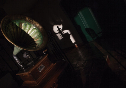 A Victrola, partially draped in shadow, in the foreground as fading light is swallowed up by a room tilted askew in the background