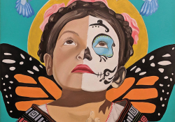 A painting of a childlike figure, hands clasped in front of them in prayer while looking up. A pair of butterfly wings emerge from the back and the face is half-painted like a sugar skull
