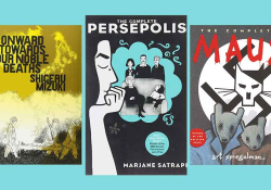 The covers to Shigeru Mizuki's Onwards Towards our Noble Deaths, Art Spiegelman's The Complete Maus, and Marjane Satrapi's The Complete Persepolis