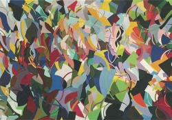 An abstract painting featuring brightly colored organic shapes overlapping