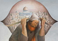 An illustration of a man carrying a heavy burden on his back with the city of Al Aqsa superimposed on the bag he's carrying