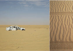 Two photos combined in one image. On the left, a car is buried in sand. On the right, tire tracks running left to right through sand.