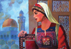 A painting of a woman in traditional historical dress sitting in a chair with Jerusalem visible outside of her window