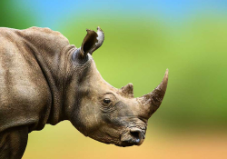 A digitally altered photograph of a rhinocerous emerging from the left side of the frame against a blurred background