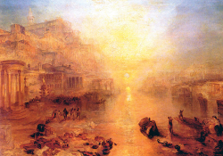 A painting saturated in orange and yellow tones showing boats on the Tiber with the city of Rome in the background
