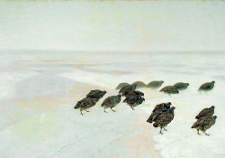 A painting of partridges walking across a snowy landscape