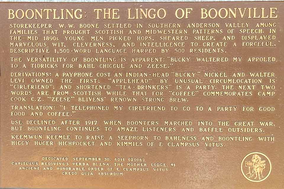 A photograph of a bronze plaque commemorating Boontling: The Lingo of Boonville