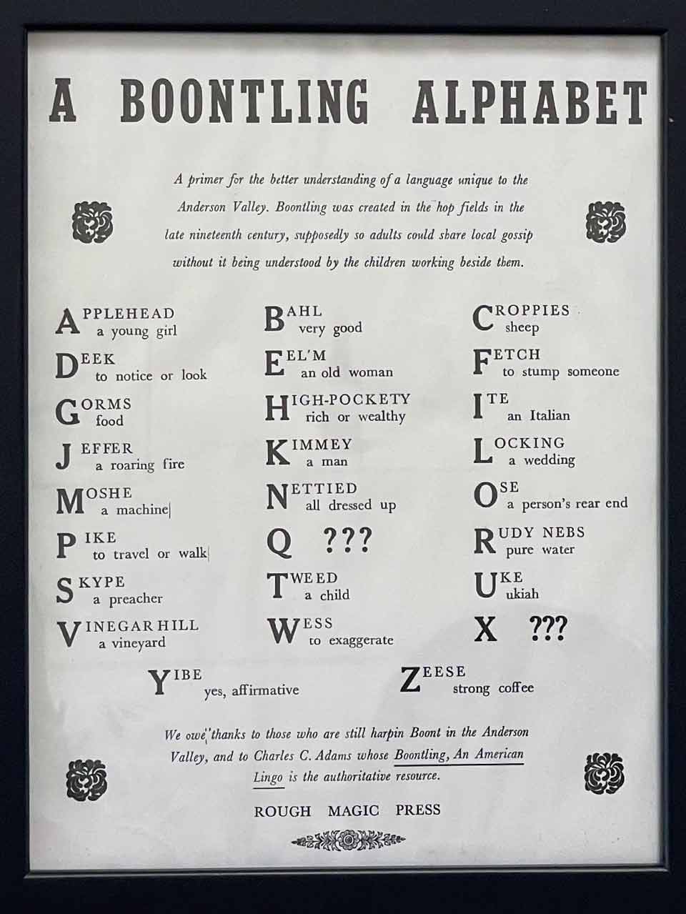 A poster. The text reads: The Boontling Alphabet
