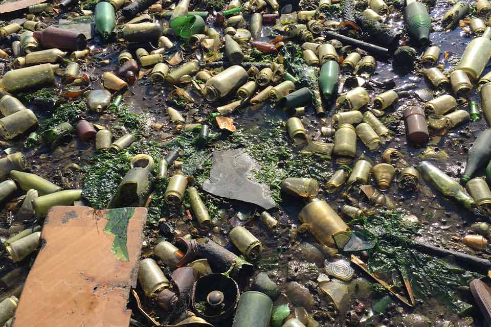 A closeup photograph of the sand on Dead Horse Bay, which is riddled with empty and broken bottles