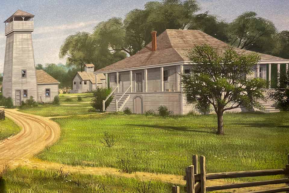 A painting of an idyllic country farmhouse