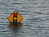 A photograph of a sign with a traffic light on it. The sign is almost completely submerged in water.