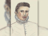 An illustration rendered in colored pencil of an androgynous figure in period dress