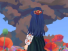 A girl, dressed in native Ukrainian garb, observes a mushroom cloud rising on the horizon