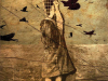 A surreal sepia-toned illustration of a small girl reaching up to try and repair a crack in the world. Black birds in flight dot the foreground and background