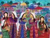 A colorful mural of faceless female figures in traditional Palestinian dress