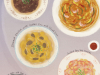 An illustration showing four Hong Kong food dishes. Text surrounding reads Steamed Minced Pork with Preserved White Cabbage, Singapore Style Rice Noodles, Steamed Chicken with Golden Pins and Cloud Ears, Salted Egg-Yolk Prawns, and Thousand-Year-Old Egg with Lean Pork Congee