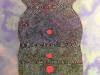 An abstract painted figure composed of small circles in a vaguely humanoid shape with three small red circle aligned down the center