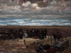 A moody oil painting of a funeral taking place on a grassland with multiple figures in black that almost blend into the landscape around them.