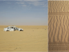 Two photos combined in one image. On the left, a car is buried in sand. On the right, tire tracks running left to right through sand.