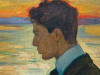 A painting of a man looking out at the ocean