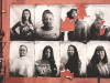 A series of women's photographs against a rust red background