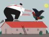 An illustration of a very large man grabbing a very large chicken, both standing atop a house