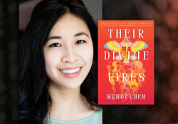 A photograph of Wendy Chen with the cover to her book Their Distant Fires