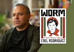 A photograph of Edel Rodriquez with the cover to his book Worm