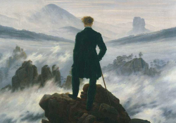 A painting of a man standing on a mountain top with clouds swirling down below