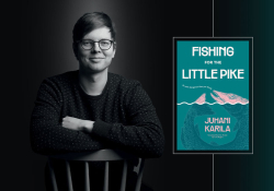 A photograph of Karila Juhani along with the cover to his book Fishing for the Little Pike