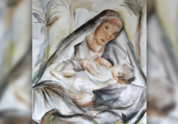 A charcoal and colored pencil illustration of Madonna and child