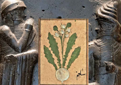 A collage of a Sumerian bas relief of two figures with an illustration of a turnip between them