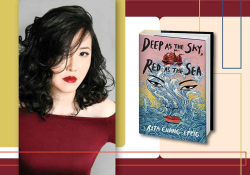 A photograph of Rita Chang-Eppig with the cover to her book Deep as the Sky, Red as the Sea