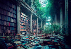 A digital illustration of a library, mostly in ruins with a tree growing in it
