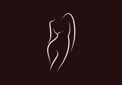 A simple white line drawing of a woman's body on a black canvas