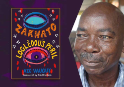 The cover to A photograph of Azo Vauguy with the cover to his book Zakwato & Loglêdou’s Peril